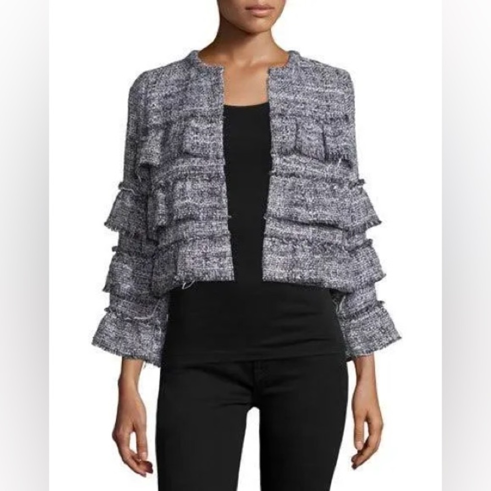 Hiche Tweed Tiered Ruffle Jacket with Fringe Size Medium Black & White Topper